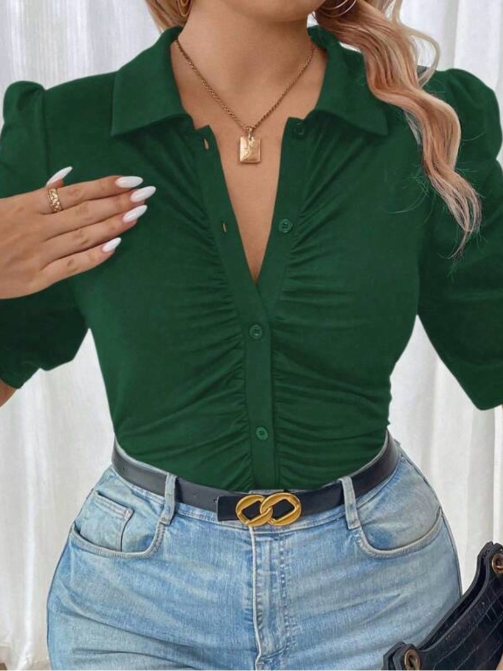 Dark Green Ruched Button-Down Women’s Top
